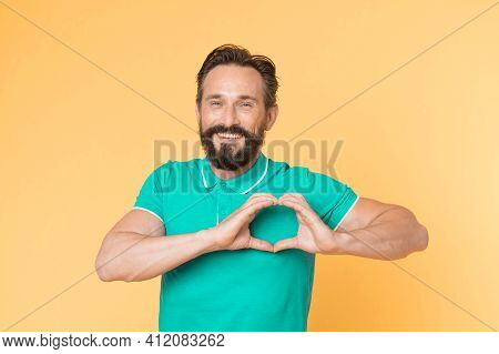 Keep Healthy Heart Beat. Happy Man Form Heart Shape. Showing Love Gesture. Valentines Day. Cardiovas
