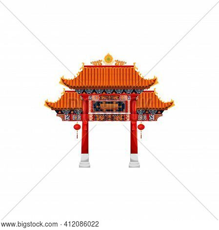 Chinese Gate Architecture, Entrance With Roof In Oriental Style, Decorated By Hanging Lanterns. Vect