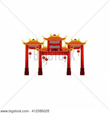 Entrance With Roof Isolated Chinese, Korean Or Japanese Gate Building Decorated By Hanging Lanterns.