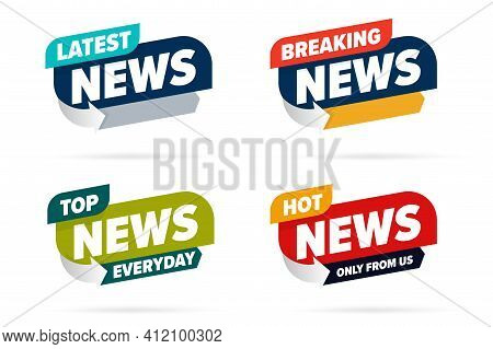 Broadcast News Info Label Set Template For Television Media. Latest, Hot Breaking News, Everyday Top