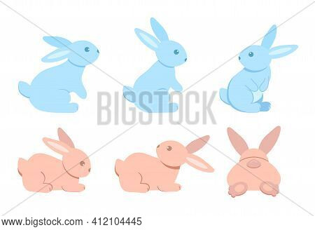 A Set Of Cute Rabbits. Six Colored Sitting And Recumbent Bunnies On A White Background. Festive East