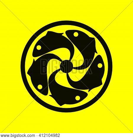 Five Fish Logo Template With Geometric Japanese Kamon Crest Illustration In Flat Design Monogram Sym