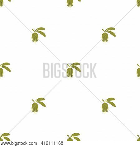 Shea Nut Green Seamless Pattern On White Background. Vitellaria Beauty And Cosmetics Ornament. Cosme