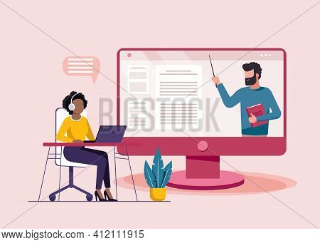 African American Woman Using Laptop, Online Education. Working From Home, Remote Job. Vector Illustr
