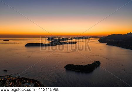Aerial Drone Shot Of Post Sunset Over Adriatic Sea View From Babin Kuk Hill In Dubrovnik Croatia Sum