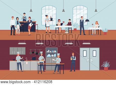 Restaurant Kitchen And Hall With Cooks And Waiters, Flat Vector Illustration.