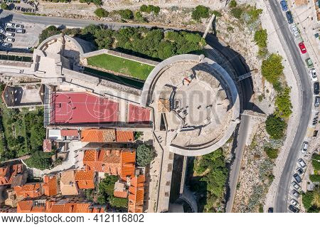 Aerial Overhead Drone Shot Of Fort Minceta Of Dubrovnik City Wall In Croatia Summer