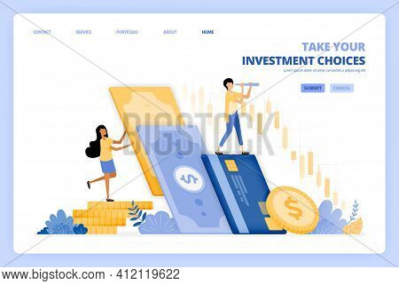 Women Choose To Invest Money In Stocks Market. Men Choose To Save In Bank. Vector Illustration Conce