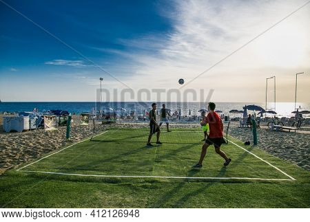 Alanya, Turkey - October 20, 2020: Foot volleyball grass court on the Kleopatra beach in Alanya. Turkey.