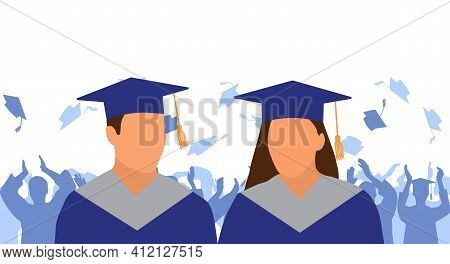 Girl And Boy Graduate In Mantle And Academic Square Cap On Background Of Cheerful Crowd Of Graduates