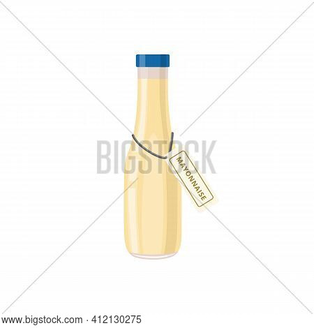 Mayonnaise Sauce In Plastic Or Glass Bottle With Blue Lid And Text On Label