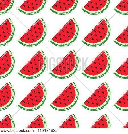 Watermelon Seamless Pattern. Fruit And Berry Seamless Watermelon Background. Juicy Cute Pattern. Vec