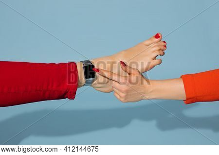 Time To Go. Bright Fashionable Hand And Leg Working Up Daily Things Together. Modern Artwork, Contem