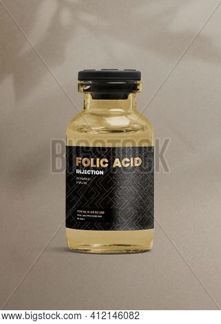 Folic acid injection glass bottle with a luxurious label for health and wellness product packaging