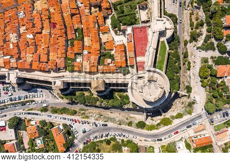 Aerial Overhead Drone Shot Of Fort Minceta Of Dubrovnik City Wall In Croatia Summer