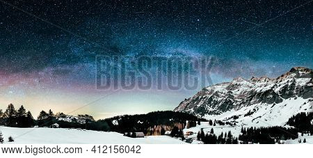 Milky Way In The Night Over The Swiss Mountains In Appenzell