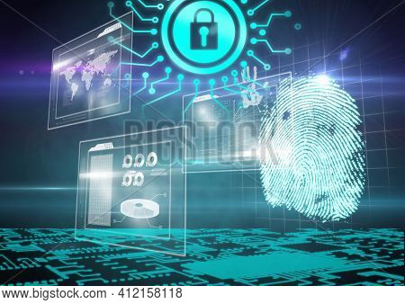 Fingerprint biometric scanner and security padlock against digital interface with data processing. cyber security and technology concept