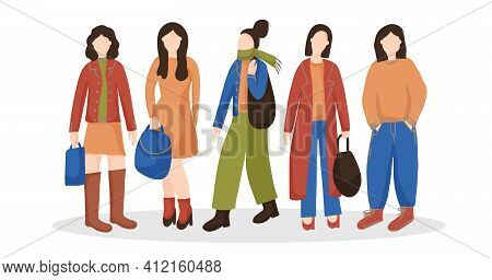 Modern Women Standing Together. Group Of Characters In Casual Fashion Clothes, Isolated Against A Wh