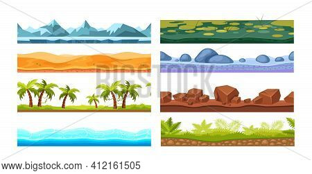 Tropics With Palm Trees, Sea Water, Desert, Ice Mountain Cover, Rocky Surface, Land With Marshy Surf