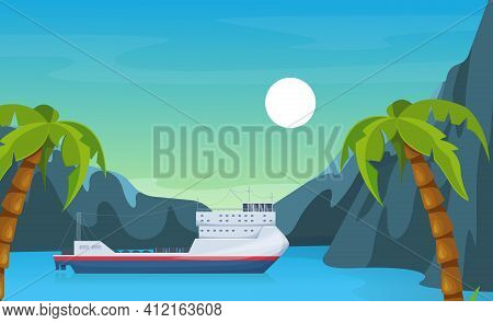 Maritime Ships At Sea, Ferryboat Near Tropical Palm And Mountain. Ferry Boat Water Transportation To