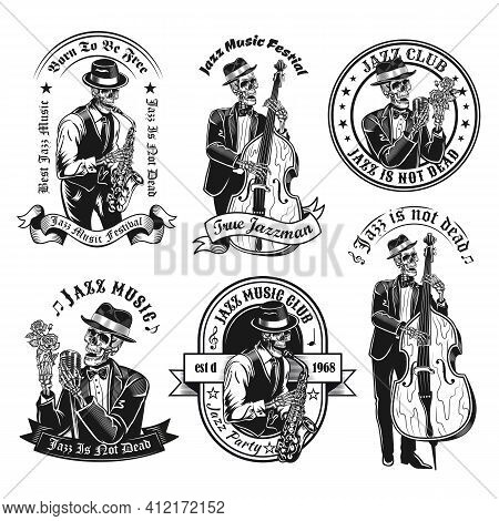 Vintage Badges With Jazzman Skeleton Vector Illustration Set. Monochrome Labels With Dead Musician S