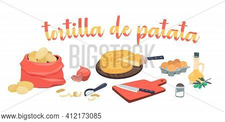 Spanish Potato Omelette Ingredients - Tortilla De Patata. Olive Oil, Onions, Potatoes, Eggs, Cutting