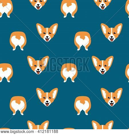 Cute Cartoon Corgi Face And Butt In Seamless Pattern On Blue Background. Children Textile Print. Vec
