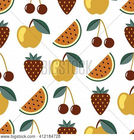 Fruit And Berry Seamless Pattern. Watermelon, Cherry, Apple, Strawberry Seamless Background. Juicy C