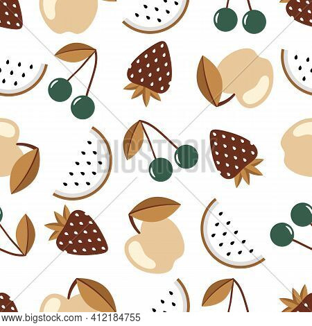 Fruit And Berry Seamless Pattern. Watermelon, Cherry, Apple, Strawberry Seamless Background. Juicy C