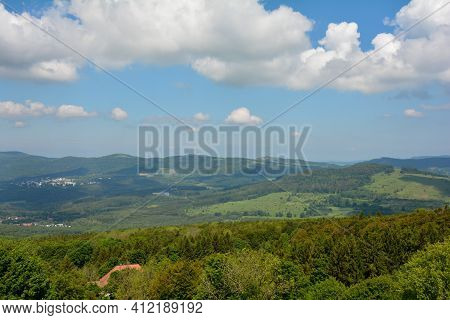 View From The 927.8 Meter High Kreuzberg Over The Landscape Of The Rhön Near Haselbach; District Of 