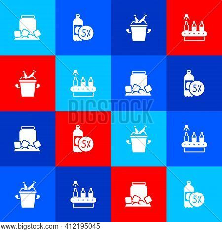 Set Cold Beer Can, Beer Bottle, Bottles In Ice Bucket And Conveyor Band, Icon. Vector