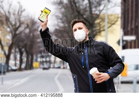Calling Taxi Cab Using Phone App. Hailing And Stopping Using Arm