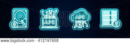 Set Line Hard Disk Drive And Lock, Computer Api Interface, Cloud And Server Security With. Glowing N