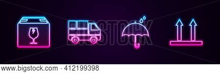 Set Line Delivery Box With Fragile Content, Truck Boxes, Umbrella And Rain Drops And This Side Up. G