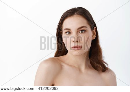 Beautiful Woman With Natural Nude Make Up, Looking At Camera After Shower, Spa And Cosmetics Concept