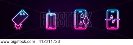 Set Line Shockproof Phone, Glass Screen Protector, Waterproof And Phone Repair Service. Glowing Neon