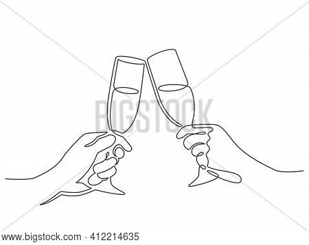 Continuous Line Champagne Cheers. Hands Toasting With Wine Glasses With Drinks. Linear People Celebr