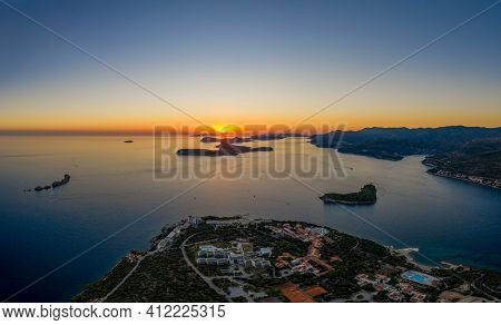 Aerial Drone Shot Of Sunset Over Adriatic Sea Vie From Babin Kuk Hill In Dubrovnik Croatia Summer