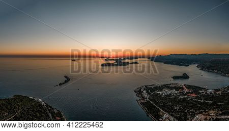 Aerial Drone Shot Of Sunset Over Adriatic Sea Vie From Babin Kuk Hill In Dubrovnik Croatia Summer