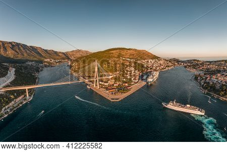 Aerial Drone Shot Of Lapad Gruz Peninsula Area With Dubrovnik Bridge Cruise Ship In Croatia Summer S