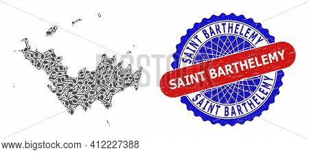 Melody Notes Pattern For Saint Barthelemy Map And Bicolor Grunge Rubber Stamp