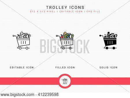 Trolley Icons Set Vector Illustration With Solid Icon Line Style. Online Store Retail Concept. Edita