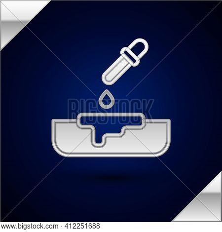 Silver Petri Dish With Pipette Icon Isolated On Dark Blue Background. Vector