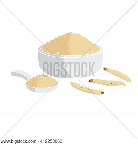 Bamboo Worm Or Bamboo Caterpillar Powder. Insects As Food Edible Made Of Cooked Insect Meat In Bowl 