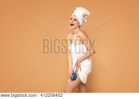 Cellulite, Massage Legs. Smiling Woman Massaging Thigh . Morning Routine. Selfcare.