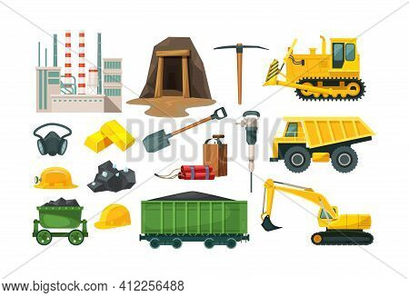 Mining Industry Equipment. Excavator, Dump Truck, Bulldozer, Wagons With Coal, Factory Of Plant Comp