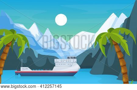 Maritime Ships At Sea, Ferryboat Near Tropical Palm And Mountain. Ferry Boat Water Transportation To