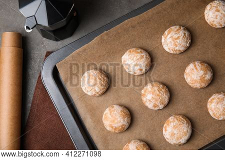 Tasty Homemade Gingerbread Cookies On Grey Table, Flat Lay
