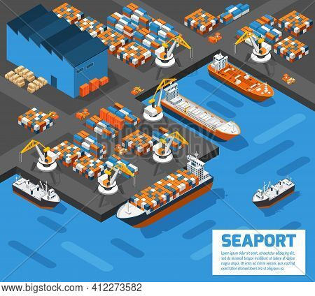 Aerial View Of Harbor Waterfront And Maritime Terminal With Container Ship Loading Isometric Poster 