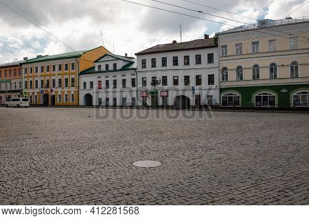Rybinsk, Russia / August 15,2020: View Of The Street In Center Of Rybinsk Town, Stoyalaya Street
